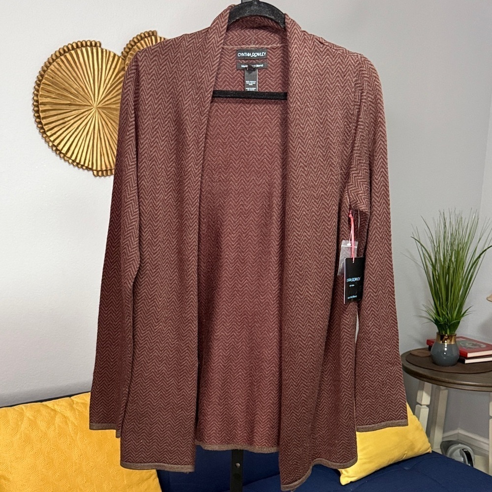Women's Brown Burgundy Merino Wool Blend Knitted Chevron Print Open Cardigan Lg
